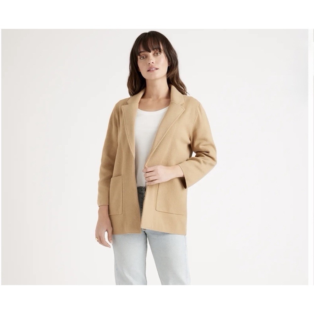 Quince Camel Open-Front Long Sleeve Knit Jacket